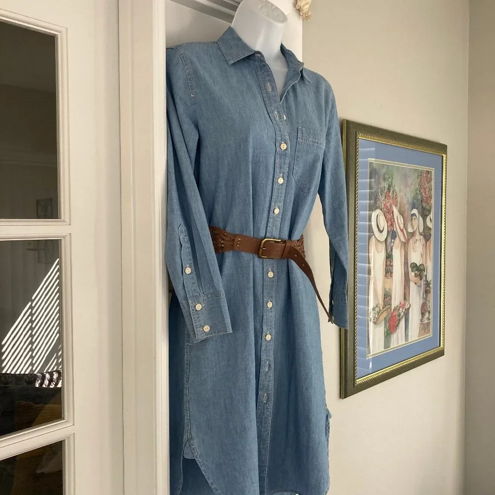 J Crew  Vintage Long Sleeve Denim Look Button Down Dress With Leather Belt   OOP